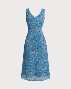Blue Floral V Neck A-Line Sleeveless Midi Dress