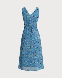Blue Floral V Neck A-Line Sleeveless Midi Dress