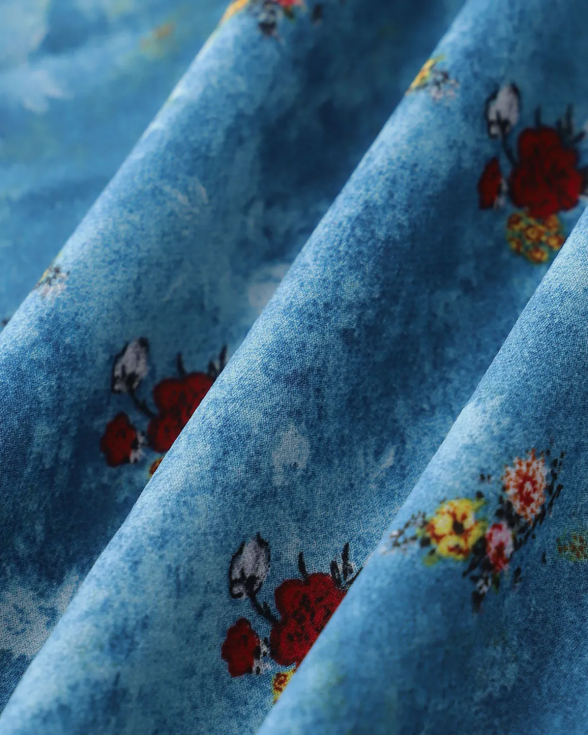 Blue Floral V Neck A-Line Sleeveless Midi Dress