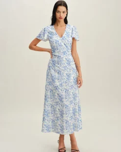 Blue Floral V Neck Button Maxi Dress