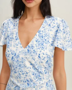 Blue Floral V Neck Button Maxi Dress