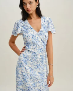 Blue Floral V Neck Button Maxi Dress