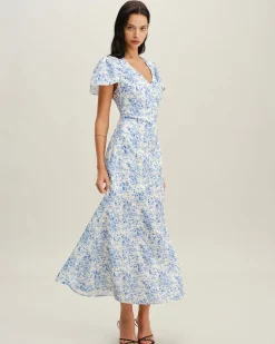 Blue Floral V Neck Button Maxi Dress