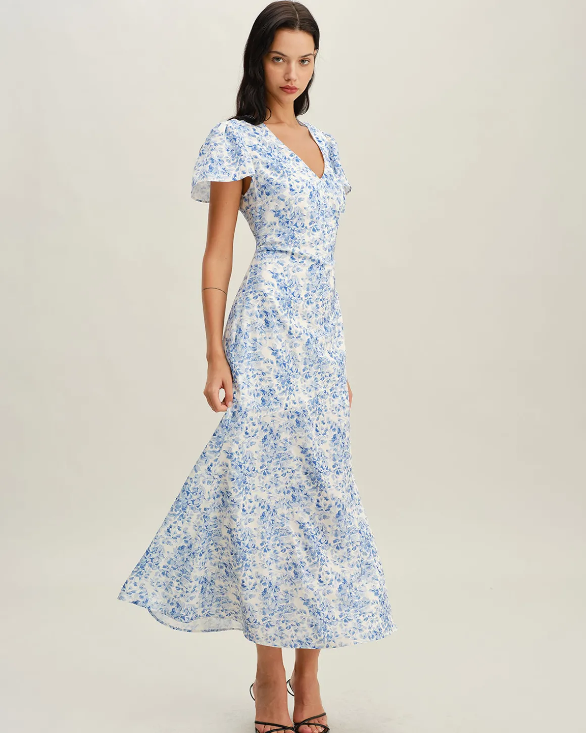 Blue Floral V Neck Button Maxi Dress