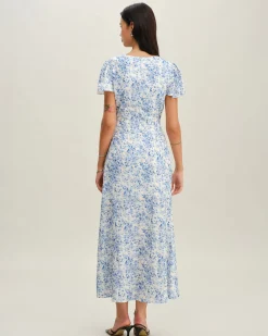 Blue Floral V Neck Button Maxi Dress