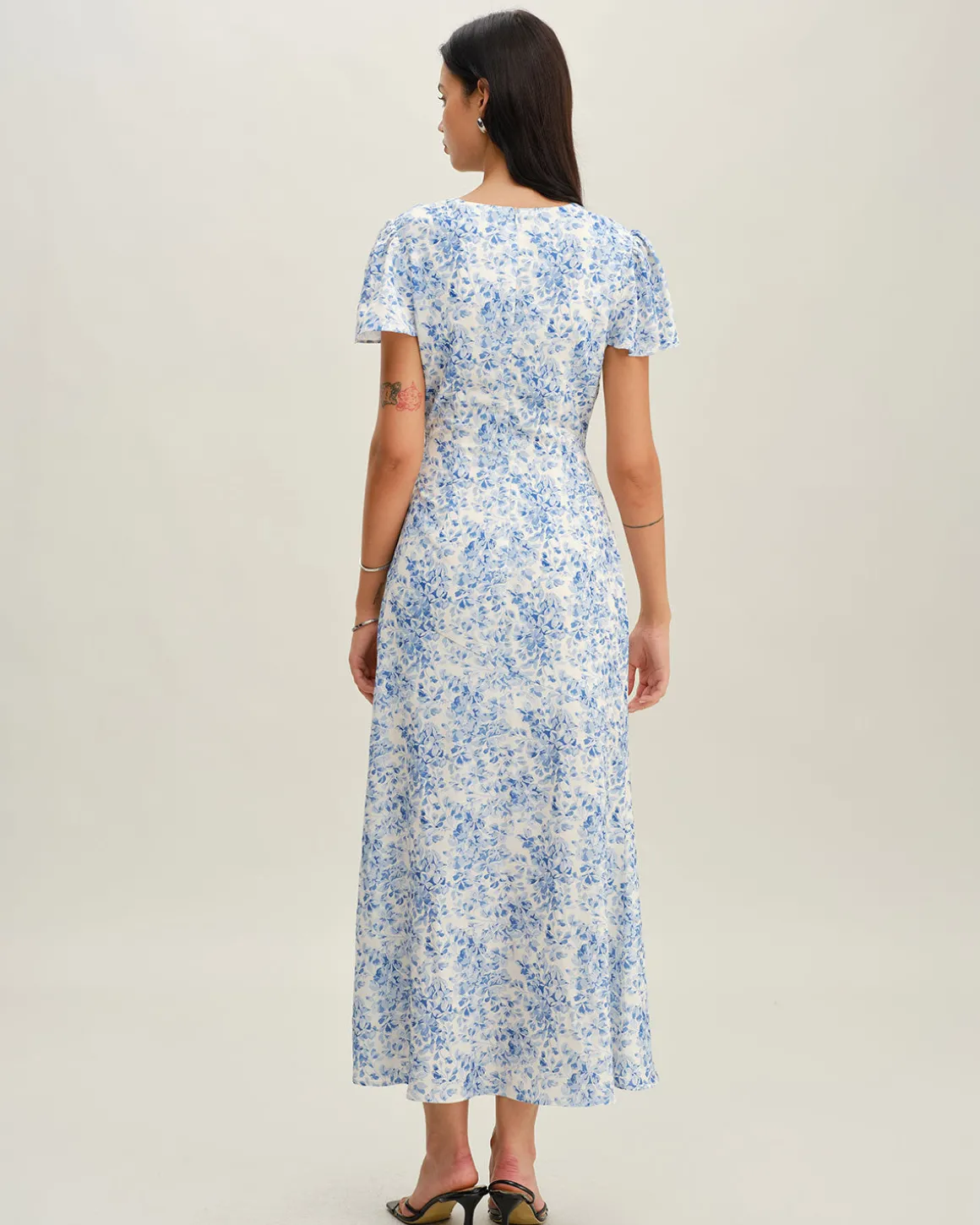 Blue Floral V Neck Button Maxi Dress