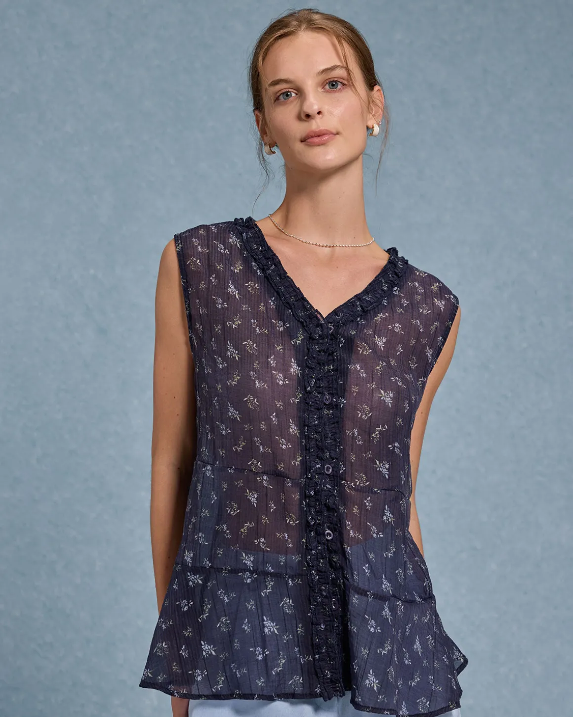 Blue Floral V Neck Button Tank Top