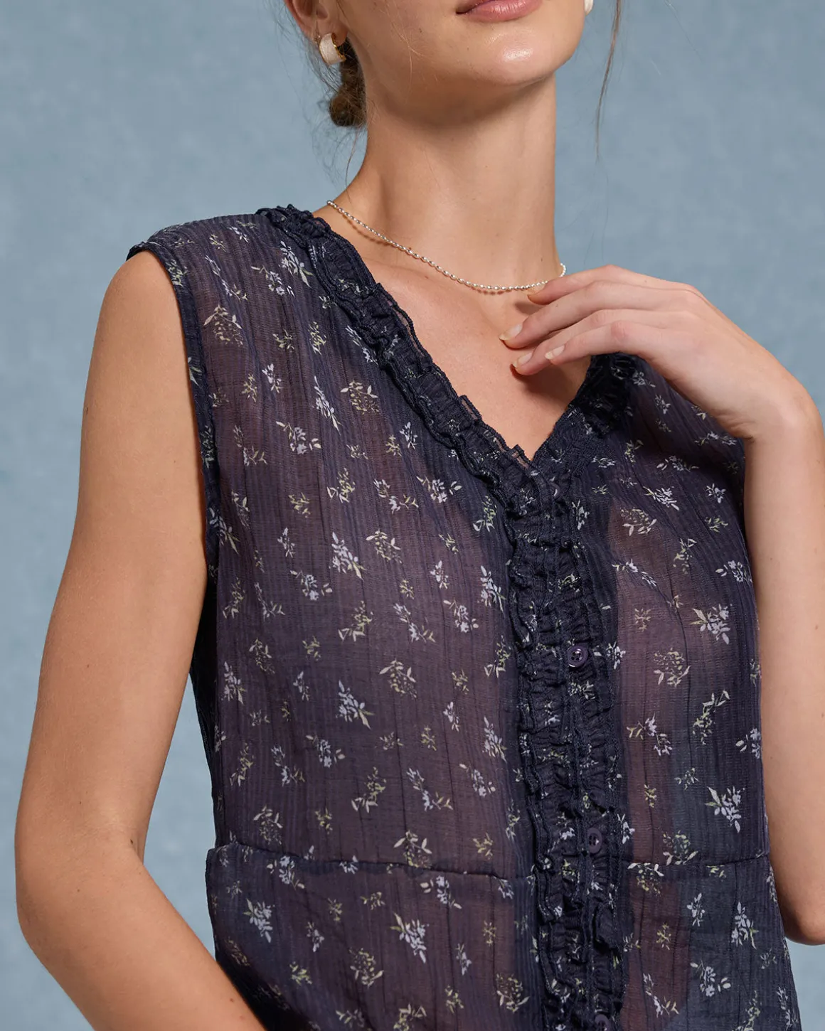 Blue Floral V Neck Button Tank Top