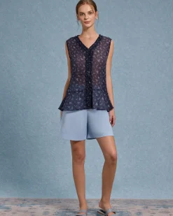 Blue Floral V Neck Button Tank Top