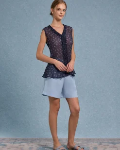Blue Floral V Neck Button Tank Top