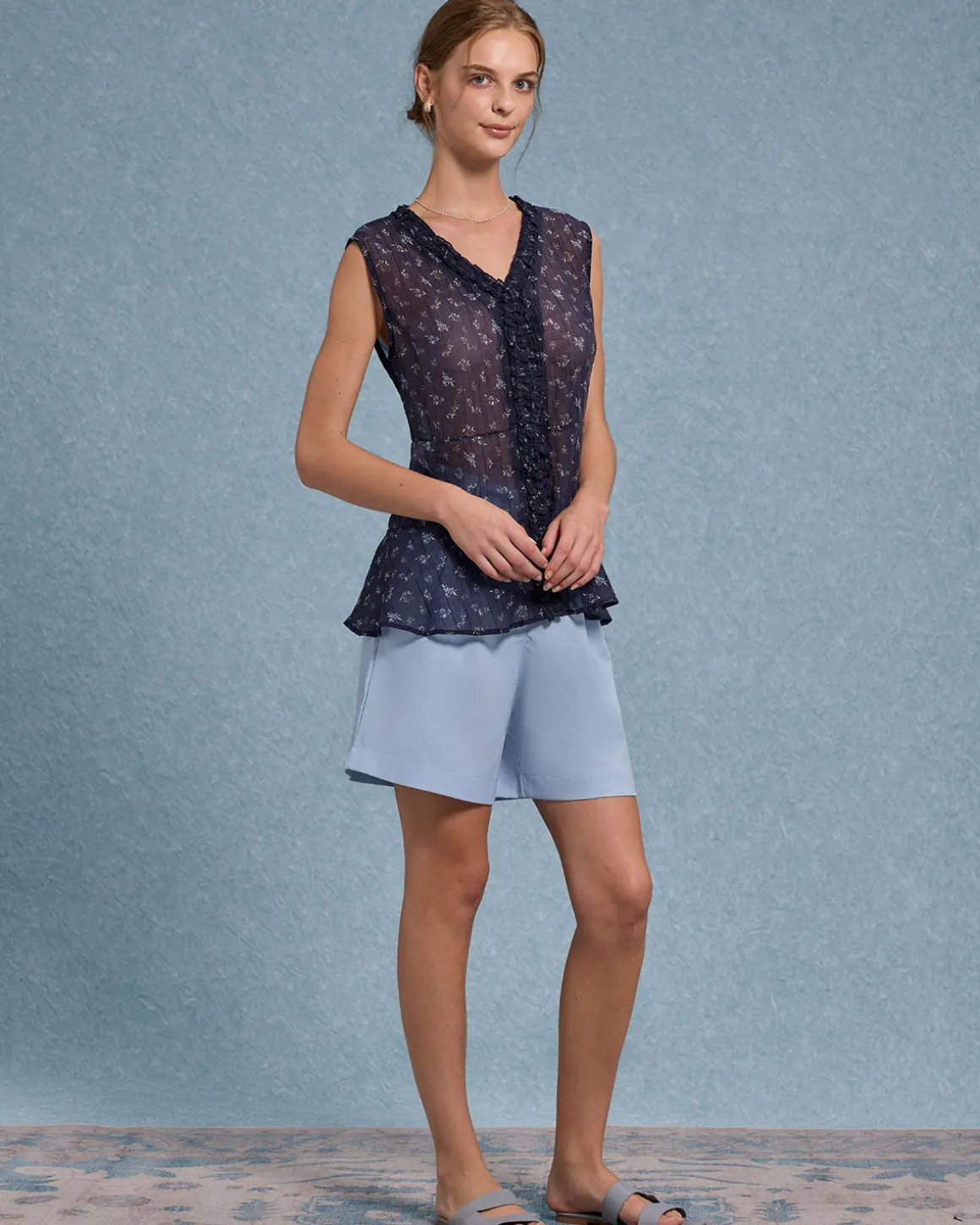 Blue Floral V Neck Button Tank Top