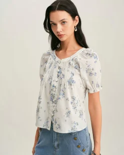 Blue Floral V Neck Button Blouse