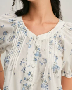Blue Floral V Neck Button Blouse