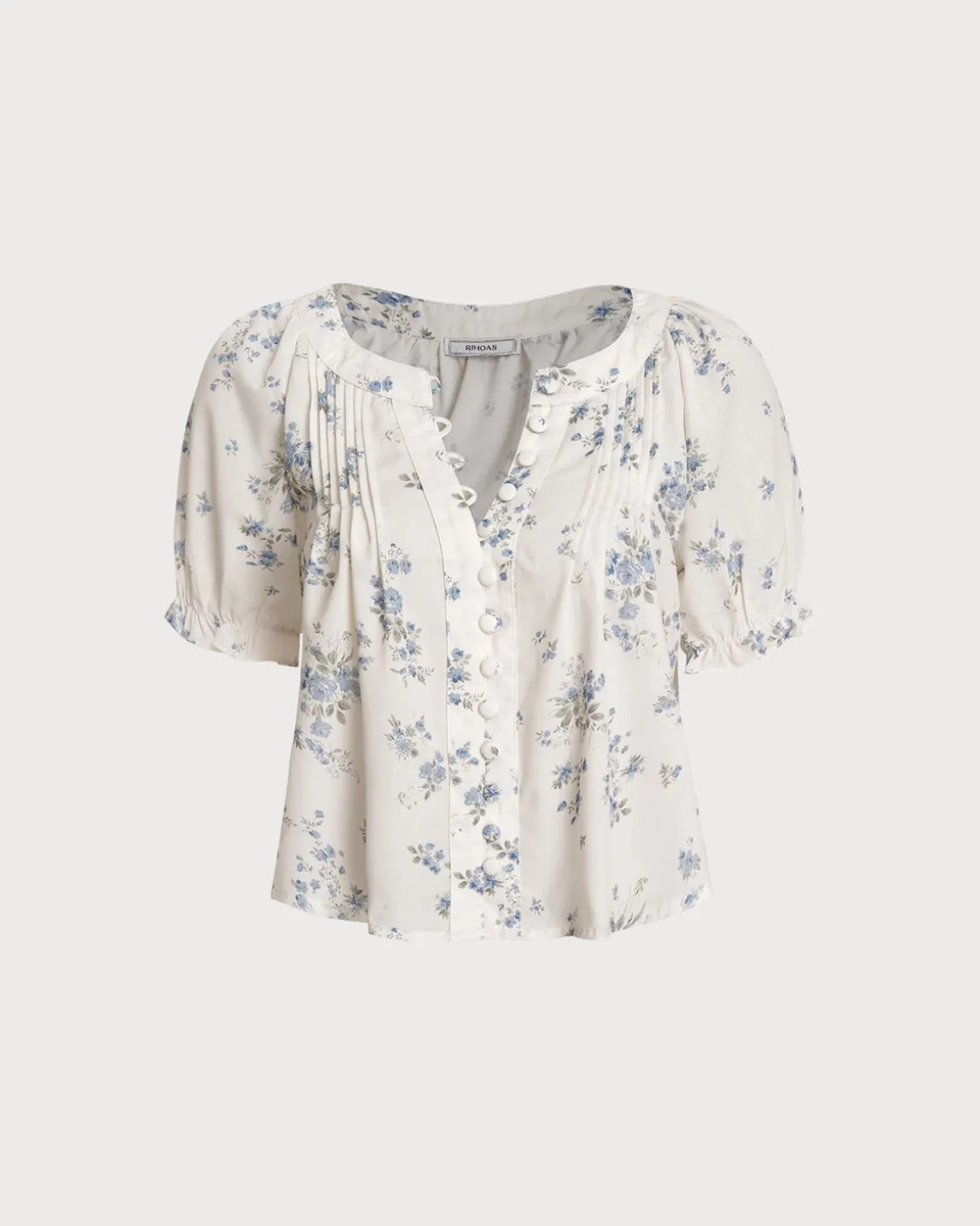 Blue Floral V Neck Button Blouse