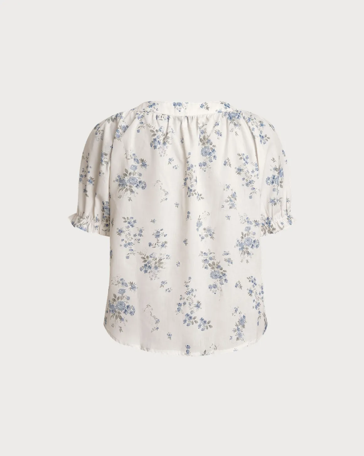 Blue Floral V Neck Button Blouse