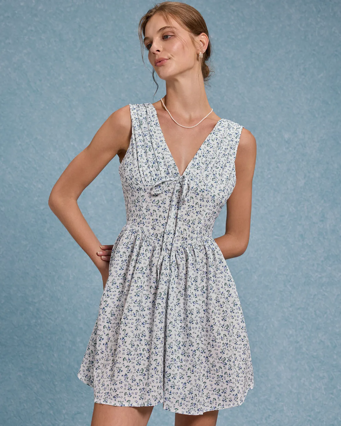 Blue Floral V Neck Pleated Mini Dress
