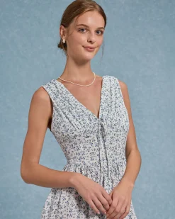 Blue Floral V Neck Pleated Mini Dress