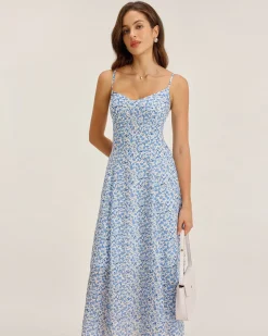 Blue Floral V Neck Shirred Slip Midi Dress