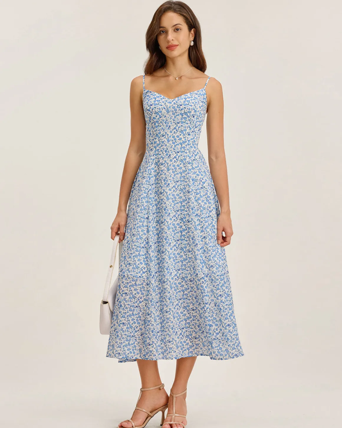 Blue Floral V Neck Shirred Slip Midi Dress