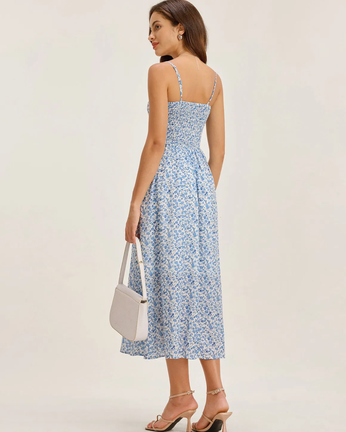 Blue Floral V Neck Shirred Slip Midi Dress