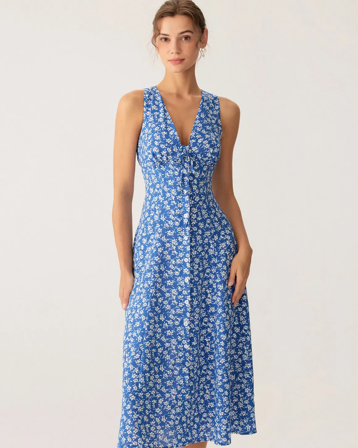 Blue Floral V Neck Sleeveless Midi Dress