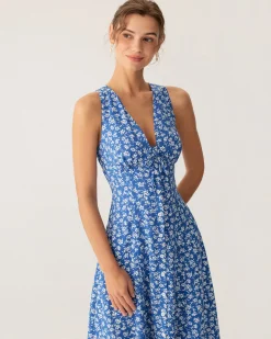 Blue Floral V Neck Sleeveless Midi Dress