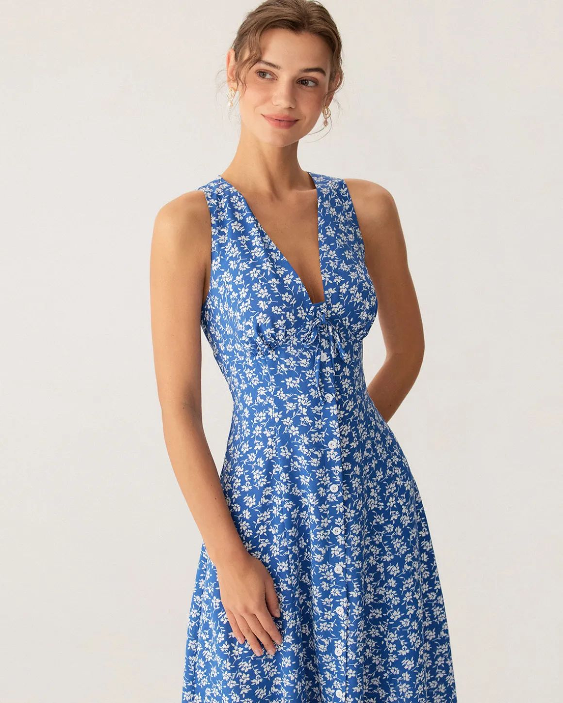 Blue Floral V Neck Sleeveless Midi Dress