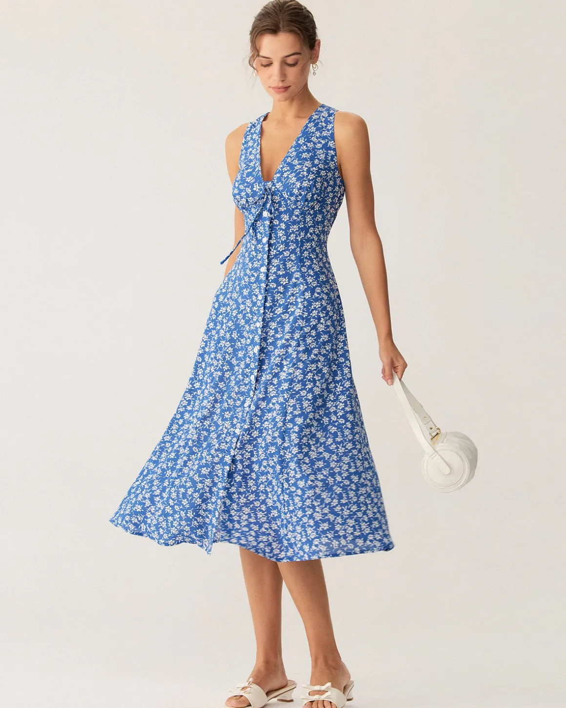 Blue Floral V Neck Sleeveless Midi Dress