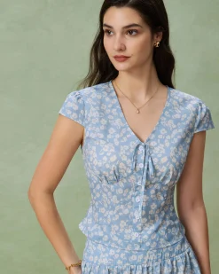 Blue Floral V-Neck Blouse