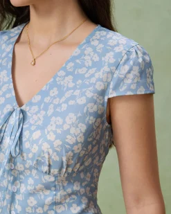 Blue Floral V-Neck Blouse