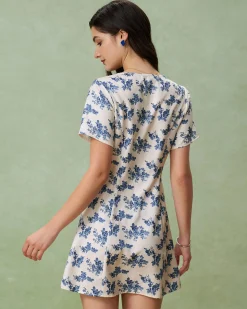 Blue Floral V-Neck Button A-Line Mini Dress