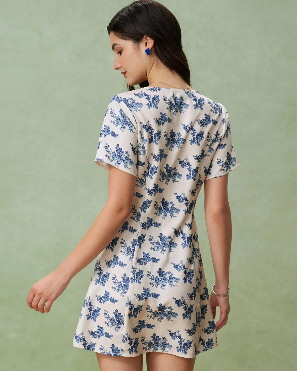 Blue Floral V-Neck Button A-Line Mini Dress