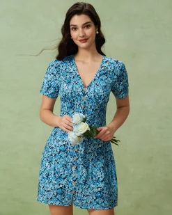 Blue Floral V-Neck Button Mini Dress