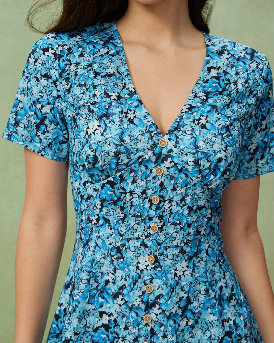 Blue Floral V-Neck Button Mini Dress