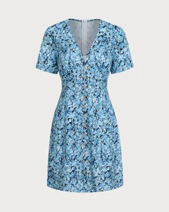 Blue Floral V-Neck Button Mini Dress