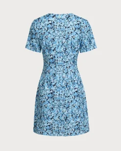 Blue Floral V-Neck Button Mini Dress