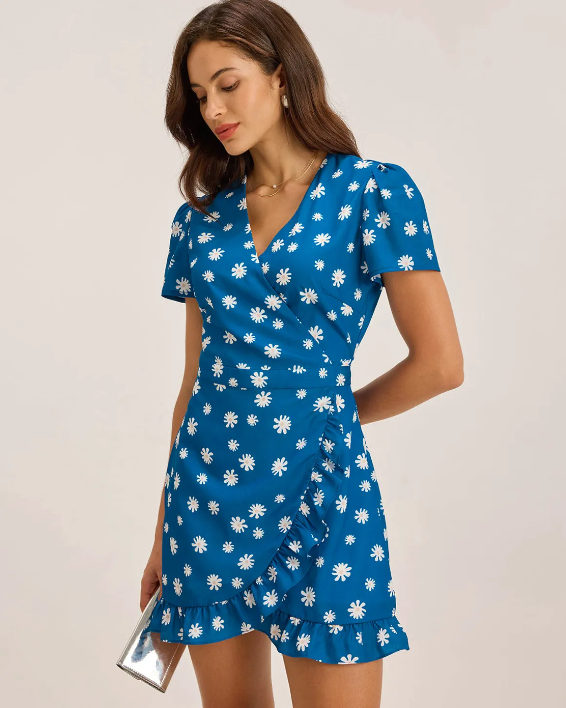 Blue Floral Wrap Mini Dress