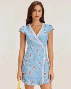 Blue Floral Wrap Mini Dress