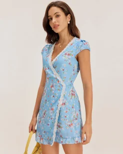 Blue Floral Wrap Mini Dress