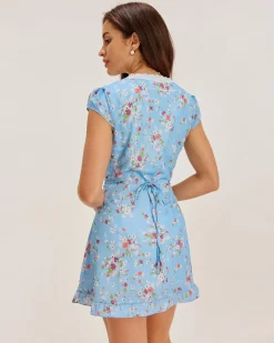 Blue Floral Wrap Mini Dress
