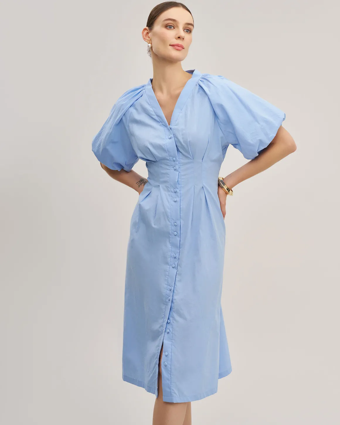 Blue Half Sleeve Button Midi Dress