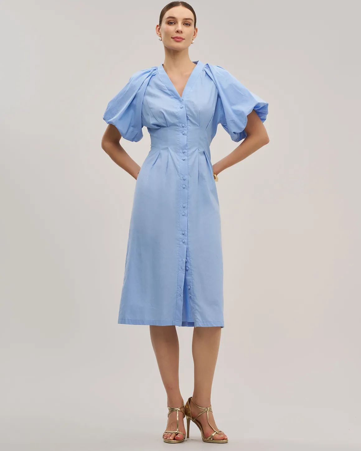Blue Half Sleeve Button Midi Dress