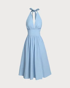 Blue Halter Pleated Midi Dress