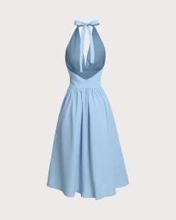 Blue Halter Pleated Midi Dress