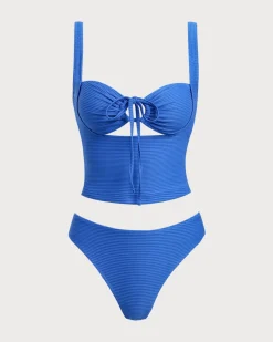 Blue Hollow Tie Rope Tankini Set