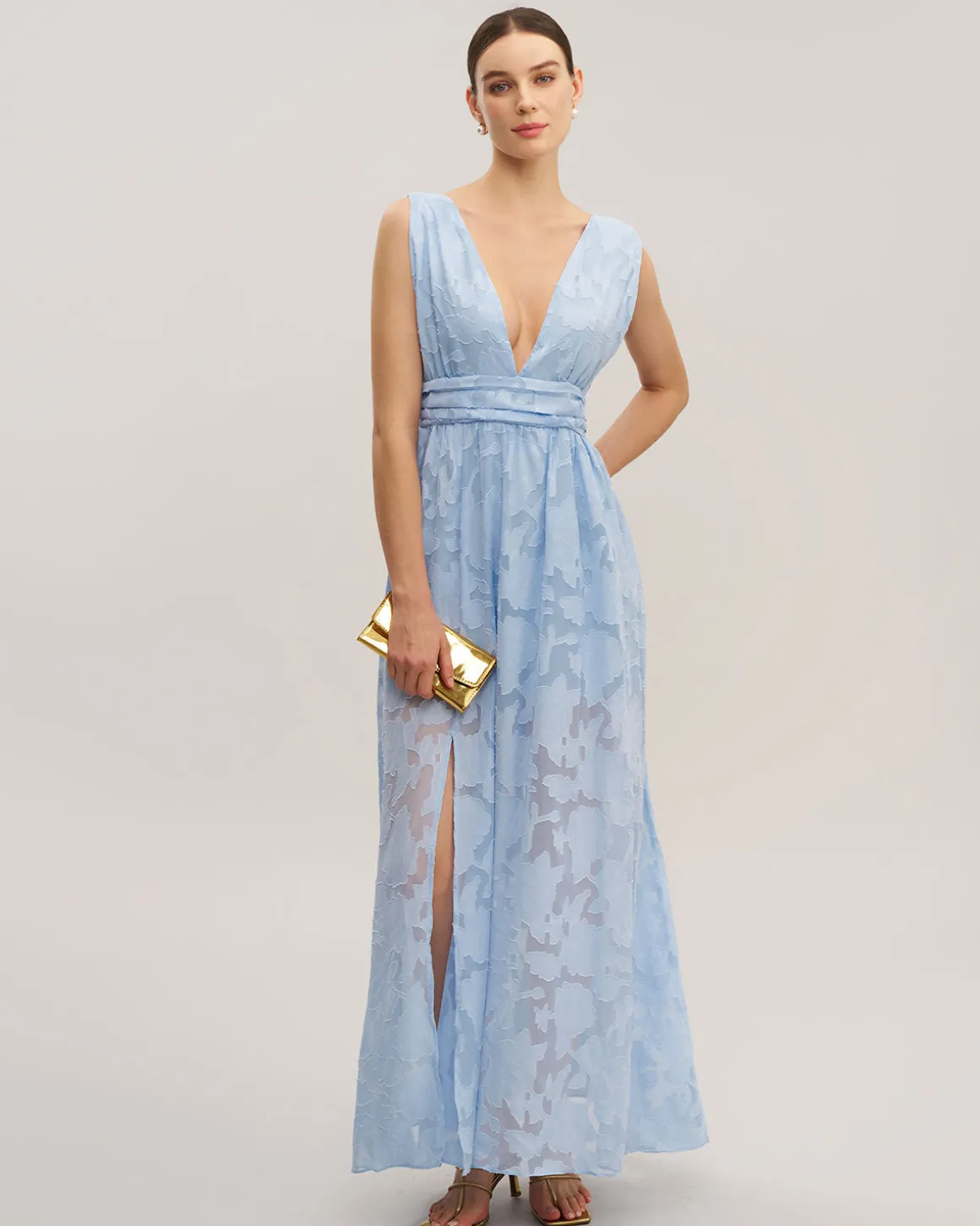 Blue Jacquard Slit Sleeveless Maxi Dress