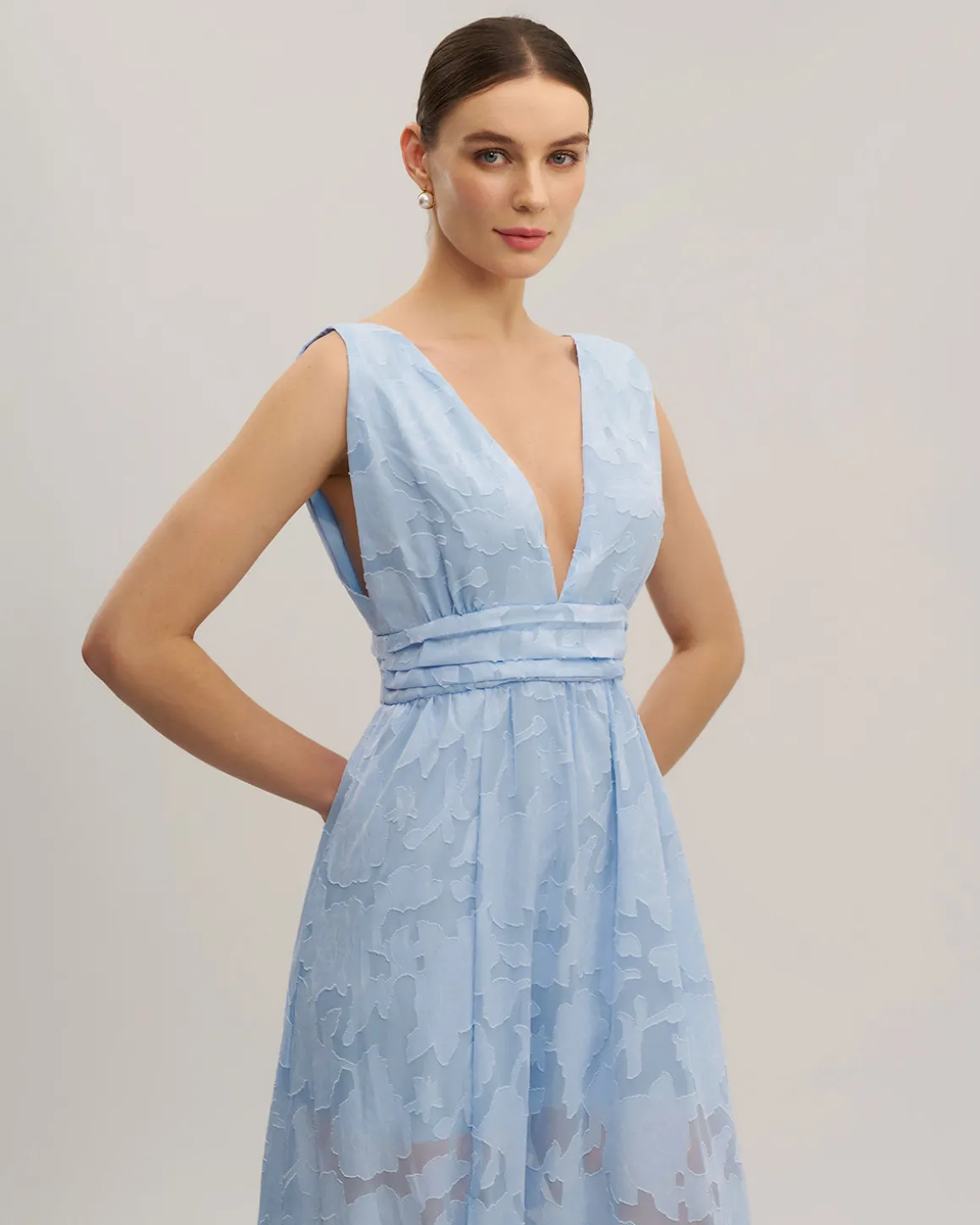 Blue Jacquard Slit Sleeveless Maxi Dress