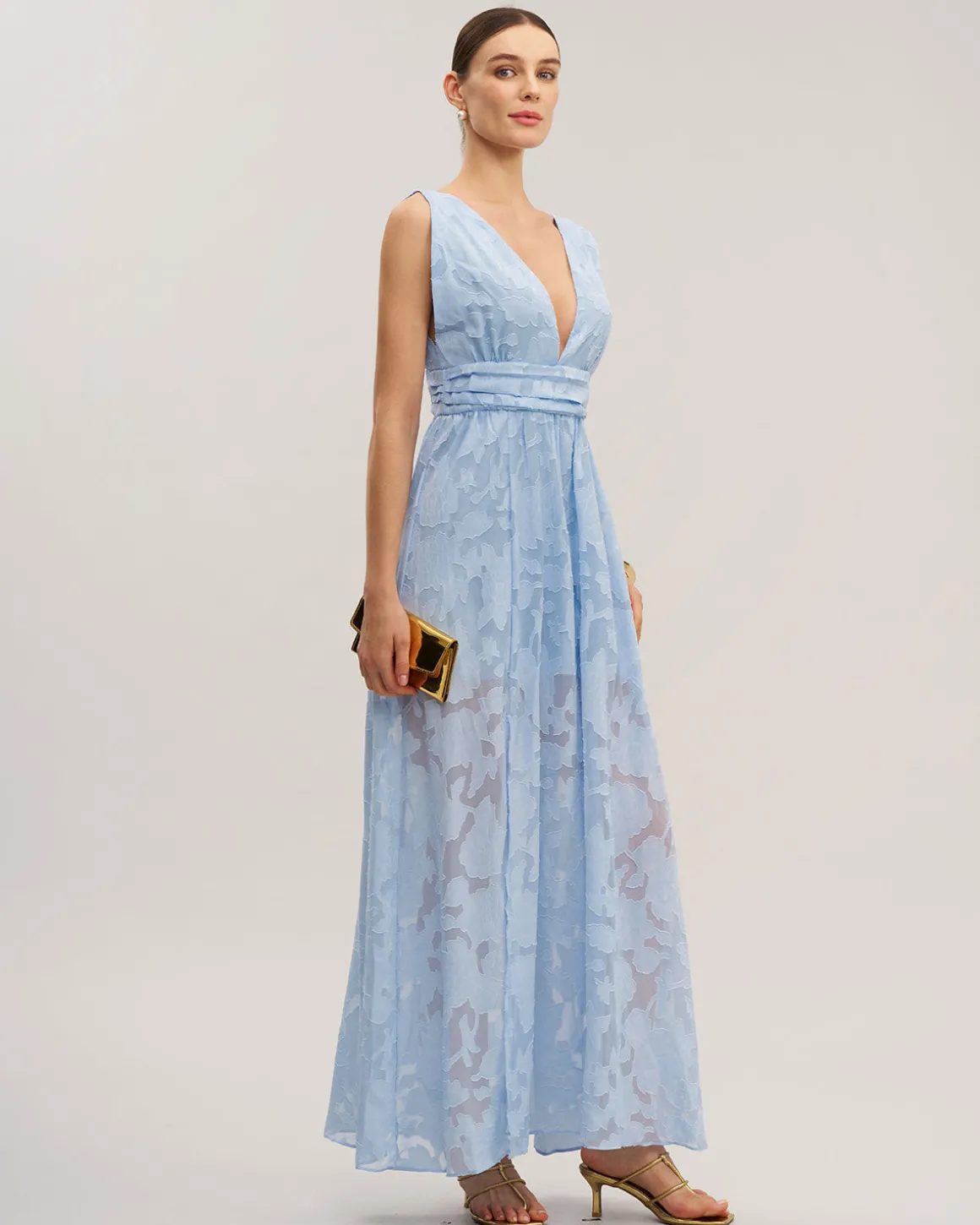 Blue Jacquard Slit Sleeveless Maxi Dress