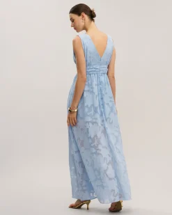 Blue Jacquard Slit Sleeveless Maxi Dress