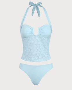 Blue Jacquard Textured Tankini Swimsuit
